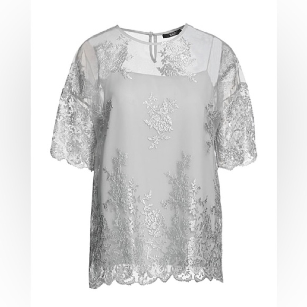 SEVENTY Sheer Lace Floral Blouse - Light Gray Italian 42